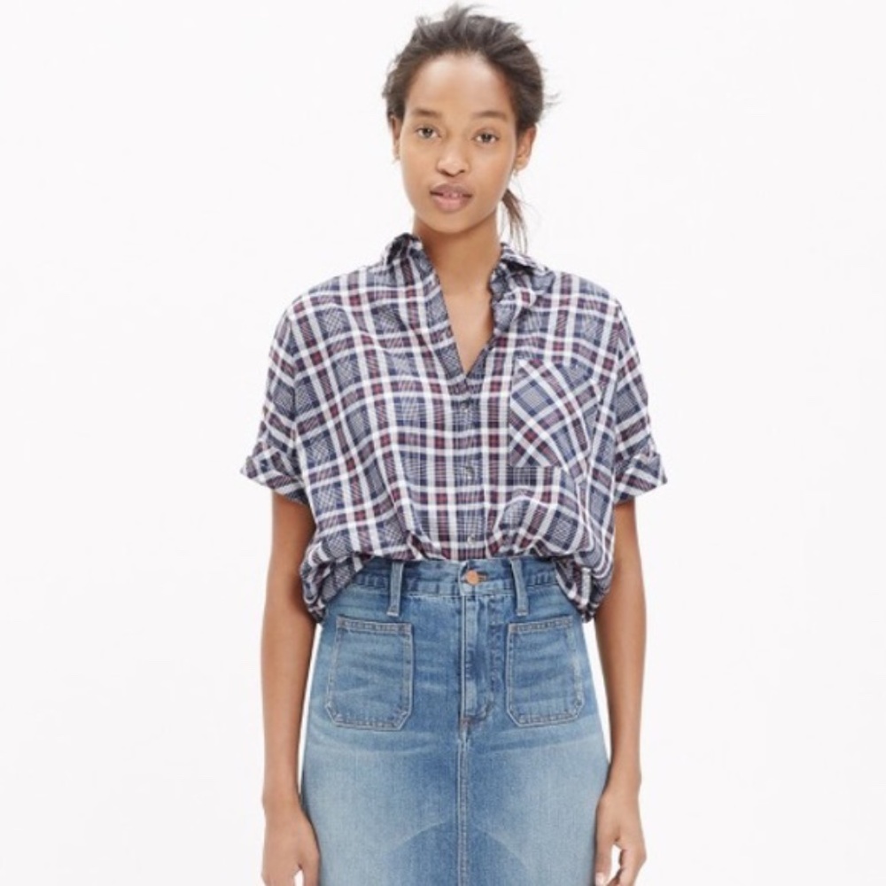 Madewell Navy Plaid Courier Dekalb Button Up SMALL